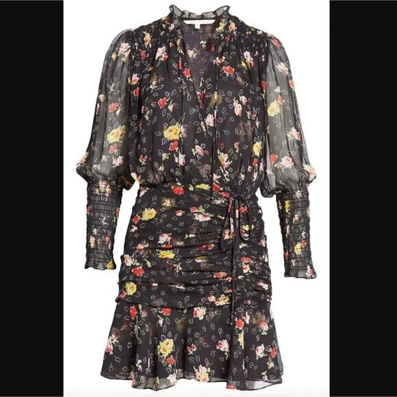 VERONICA BEARD Floral ARMERIA RUCHED Smocked SILK Mini Dress Size 18 NEW $595 - Picture 1 of 7